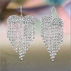 Badgley Mischka Rhinestone and Silver-tone Heart Fringe Drop Earrings